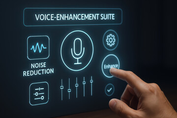 Voice control interface with noise reduction and sound enhancement features, showing hand interacting with futuristic digital audio adjustment panel