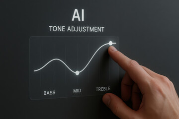 AI tone adjustment interface with hand controlling treble level, digital audio equalizer, sound settings, bass mid treble control, modern technology concept