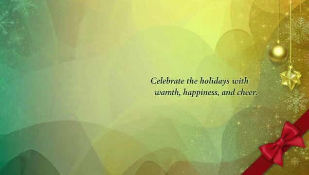 A festive green and gold gradient background with sparkling snowflakes, hanging ornaments, a red ribbon, and a holiday greeting.