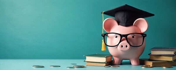 Pink piggy bank with graduation cap and glasses sits by books and coins. Concept for finance education savings and investment planning. Wealth accumulation and financial literacy symbol.