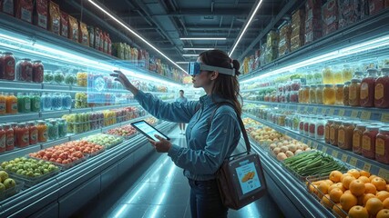 Empowering shopper using virtual reality headset and tablet for interactive grocery experience. Panning camera movement. - Powered by Adobe