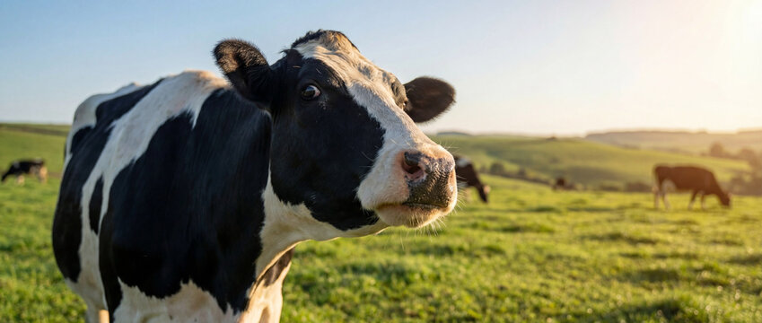 Close-up dairy cow on lush highland pasture with warm, serene lighting.
