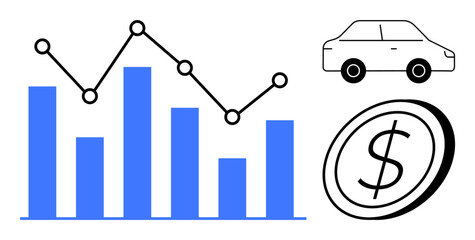 Blue bar chart and line graph showing performance growth. Dollar coin and car elements symbolize investment, economy, finance, and personal assets. Ideal for data analysis, business, economy