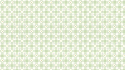 Charming pastel green and white seamless gingham check pattern background, adorned with delicate star-like motifs, ideal for soft decorative textile or paper designs