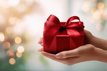 Close-up gift in hand person without face with a red ribbon presented during a cozy winter evening with lights in the background. Concept of Saint Valentine Day and 8 Mart celebration.