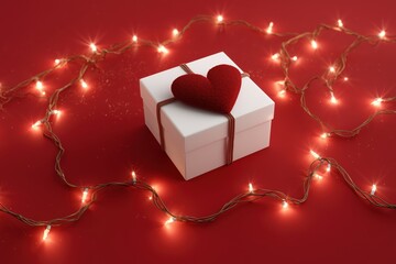 Gift box with a heart decoration surrounded by warm lights on a red background. Concept of Saint Valentine Day and 8 Mart celebration.