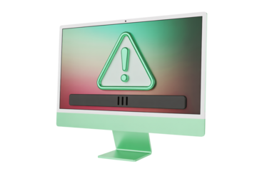 Modern desktop computer displaying warning symbol, indicating potential system error or critical alert, with vibrant design, ideal for tech projects