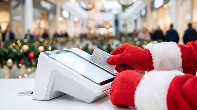 Santa Claus Hand Using Credit Card Payment Terminal for Christmas Shopping in Mall - Powered by Adobe