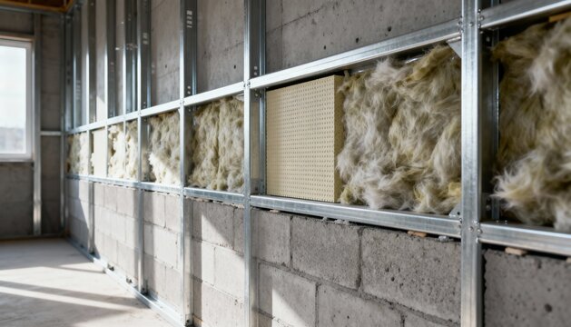 Medium shot showcasing insulated hybrid steelconcrete wall with visible thermal barrier materials for enhanced energy efficiency.