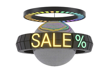 Dynamic disco ball with SALE percentage sign, perfect for retail promotions, special offers, and event advertising, eye-catching design