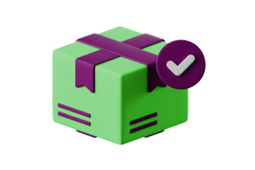 Delivery confirmation symbol with a green package and purple ribbons, representing successful shipping, order fulfillment and e-commerce.