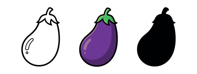 Three Eggplant Representations: Outline, Colored Rendering and Silhouette on White Background