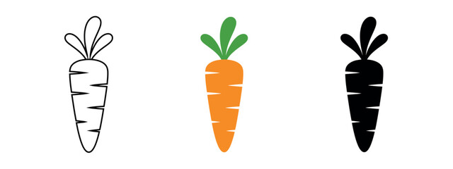 Three carrots in line: outline, orange color, and black silhouette on a white background