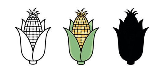Corncob Icon Set Featuring Outline, Colored and Solid Black Versions on White Background