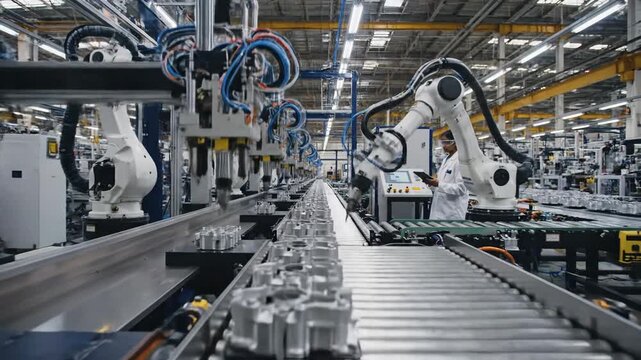 Automated factory production line with robotic arms and sparks