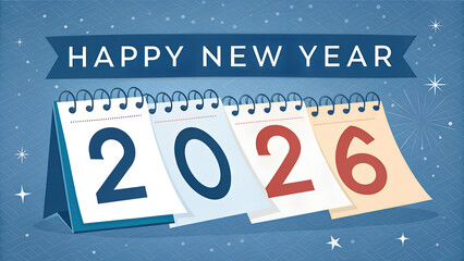 Happy New Year 2026 greeting card design template on blue background. New Year 2026 start concept. Calendar pages turn in the wind and the new year begins