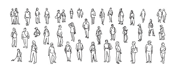 People sketch. Casual group of people silhouettes. Outline hand drawing illustration