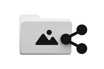 Modern digital folder icon with image symbol and share connection, representing file sharing and data organization for technology and business concepts.