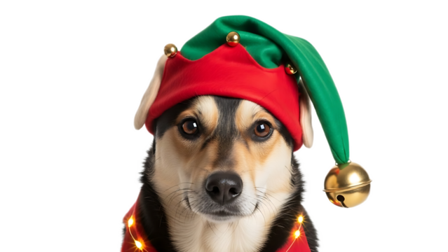 Close up of a dog wearing a christmas elf hat with bells and lights on a black background looking forward