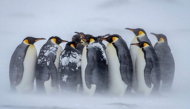 A colony of Emperor penguins huddling together for warmth during a fierce snowstorm.