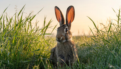 Obraz premium A curious brown hare with large ears sits in tall green grass.