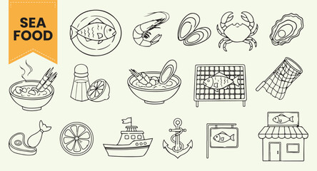 Hand Drawn Sea Food Vector Set | Outline Icons of Fish, Shrimp, Crab, Lobster, Oyster, and Fishing Net for Restaurant and Marine Cuisine Design.