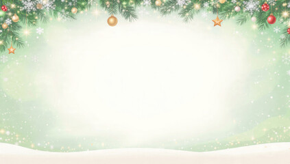 Festive Christmas background. Pine branches with gold, red ornaments, stars, and snowflakes. A soft glowing snowy landscape for magical winter scene.