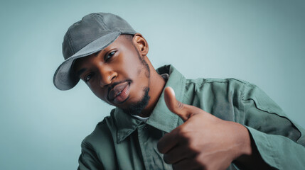 A smiling man gives a thumbs up, symbolizing work and a positive outlook.