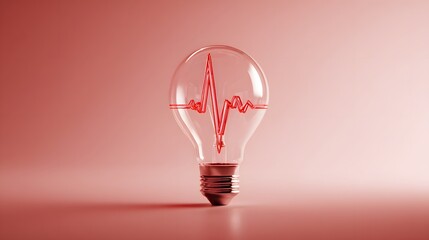 A red light bulb with a cardiogram on a red background. Glowing light bulb with an electrocardiogram inside on a red background