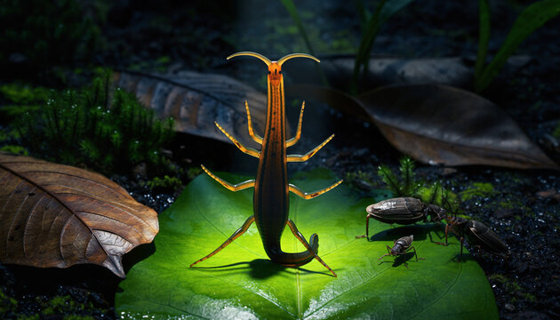 A giant venomous centipede with orange forcipules stands on a leaf.
