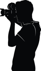 Silhouette of photographer taking picture with camera on white background
