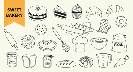 Hand Drawn Sweet Bakery Vector Set | Outline Icons of Cake, Croissant, Donut, Rolling Pin, Chef Hat, and Flour Bag for Dessert and Pastry Design.