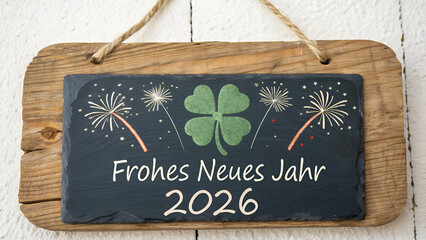 Naklejka premium Wooden hang tag and slate with four leaf clover and sparklers with the german words for happy new year - frohes neues jahr 2026 on wooden weathered background