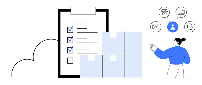 Checklist with marked items, stacked shipment boxes, person pointing, digital communication icons. Ideal for logistics, inventory, shipping, planning teamwork task management e-commerce. Clean