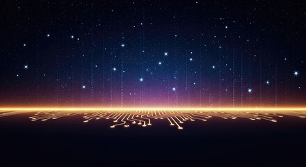Glowing golden circuit horizon under starry night sky. Futuristic digital network and 5G technology connection. Modern high-speed internet concept for new year and christmas celebrations.