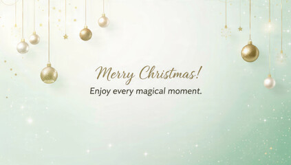 Festive Christmas greeting card with elegant golden and white ornaments, sparkling stars, and snowflakes on a soft green background. Wishes 'Merry Christmas!'