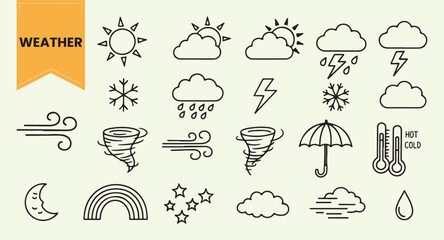 Hand Drawn Weather Vector Set | Outline Icons of Sun, Rain Cloud, Snowflake, Lightning, Tornado, Umbrella, and Thermometer for Climate and Forecast Design.