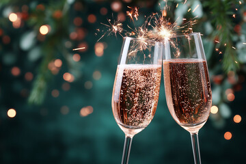 Sparkling champagne glasses clinking with fireworks for celebration  