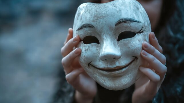  A sad person holding a smiley mask, symbolizing hiding true emotions behind a happy facade. main objects, mask, hands