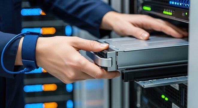 Male data center technician inserting server module into rack. Modern IT infrastructure for high-speed networks and 5g connectivity. Digital communication technology concept for reliable data