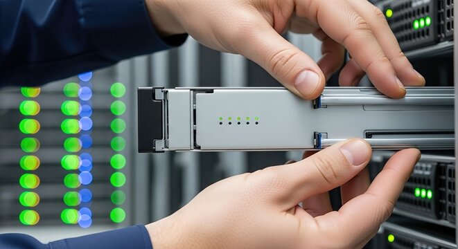 Technicians hands inserting patch panel into server rack close-up. Data center network equipment installation for modern connectivity. High-speed internet infrastructure and 5G technology concept in - Powered by Adobe