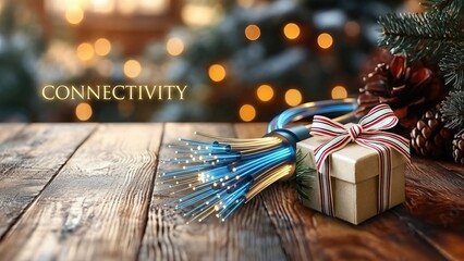 Fiber optic cables bundled as a holiday gift on wooden table with pine cones and bokeh lights. 5G connectivity concept merging modern technology with Christmas and new year festivities.