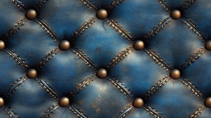 Obraz premium A luxurious close-up shot of a blue leather sofa adorned with golden studs and buttons, showcasing a rich and opulent design.