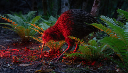 A nocturnal kiwi bird forages on the forest floor under a red light.