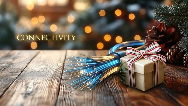 Fiber optic cables bundled as a holiday gift on wooden table with pine cones and bokeh lights. 5G connectivity concept merging modern technology with Christmas and new year festivities.
