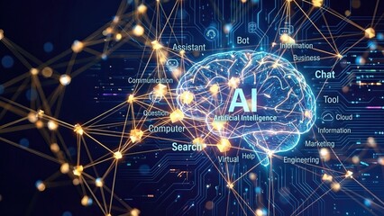 Artificial intelligence network visualization with glowing brain and connected digital elements. Modern AI concepts including chat bots virtual assistants machine learning tools for business
