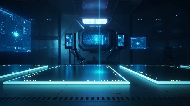 Sterile neon chamber featuring holographic interfaces and active machinery