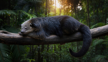 A solitary binturong resting peacefully on a thick tree branch in the forest.