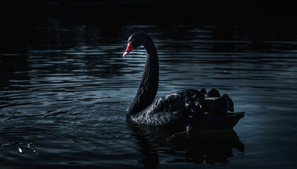 A solitary black swan with a striking red beak glides through dark moody waters.