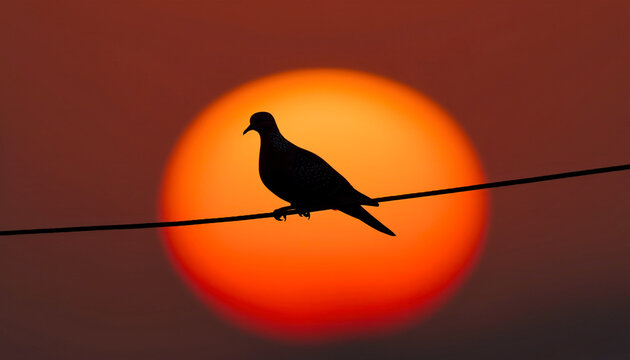 A solitary bird perched on a wire in perfect silhouette. - Powered by Adobe